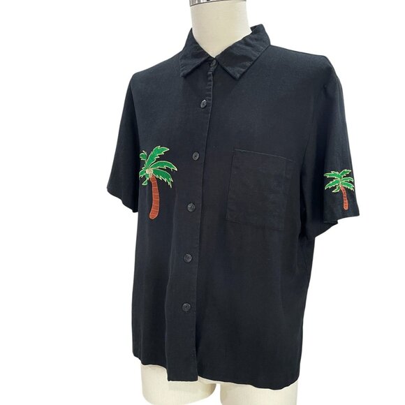 Tropical Palm Tree Button Shirt Black Linen Blend Beach Coastal Resort Vacation - Picture 5 of 8